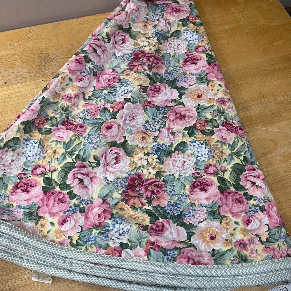 Vtg Croscill Pink Rose Floral Round Tablecloth 72" Green Striped Trim